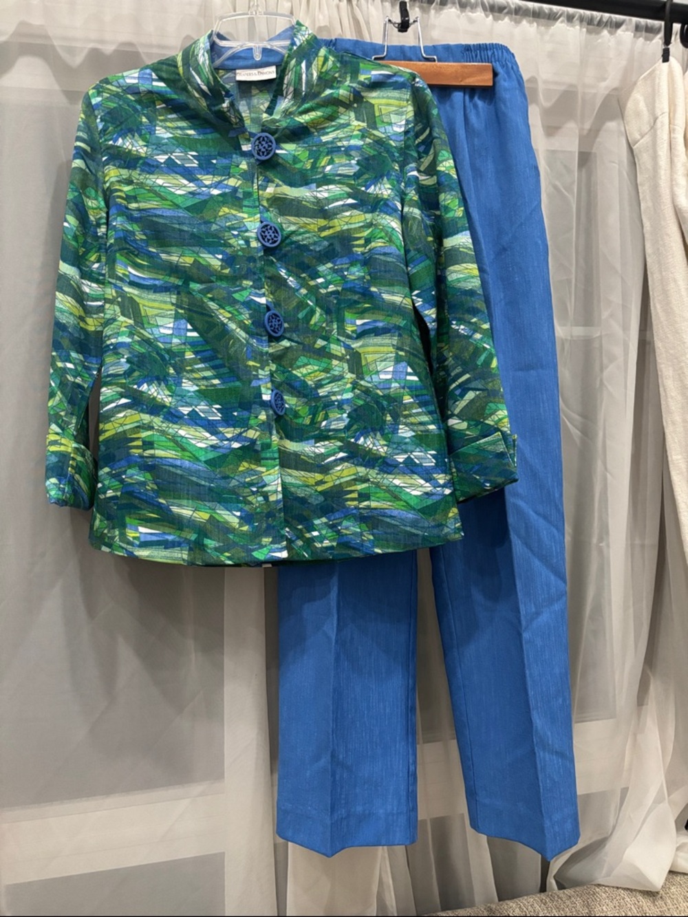 Green & Blue Abstract Print Jacket with Bright Blue Pants